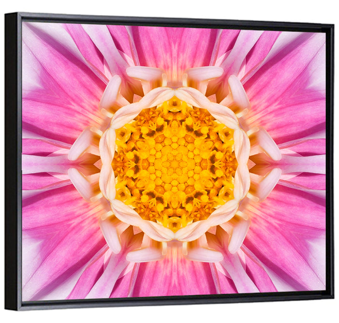 Kaleidoscopic Dahlia Mandala Bloom Wall Art as a framed canvas