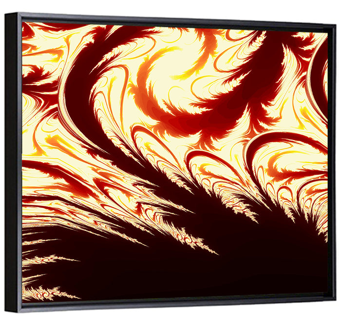 Flying Feathers in Flame Wall Art as a framed canvas