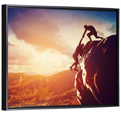 Two Hikers Summit Assist at Sunset Wall Art