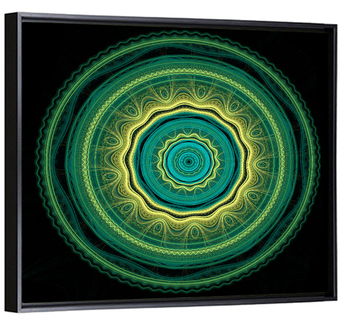 Hypnotic Teal Glow Mandala Wall Art as a framed canvas