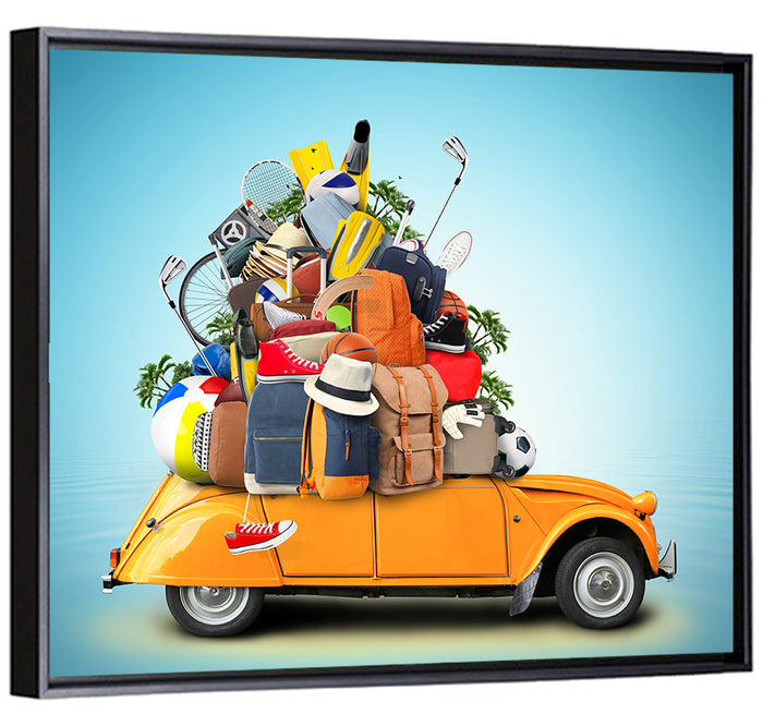 Orange Vintage Car Road Trip Getaway Wall Art as a framed canvas