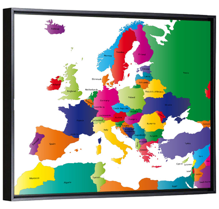 Modern Coloured Map of Europe Wall Art as a framed canvas