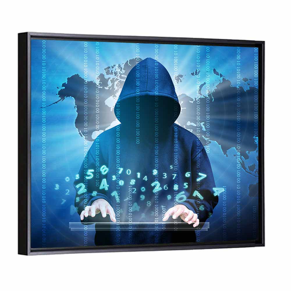 Hooded Hacker with Binary Map Wall Art