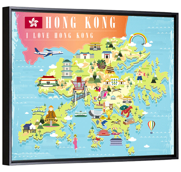 I Love Hong Kong Illustrated Cultural Map Wall Art as a framed canvas