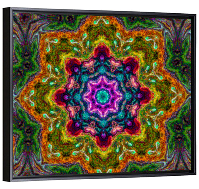 Vibrant Kaleidoscopic Mandala Ornament Wall Art as a framed canvas