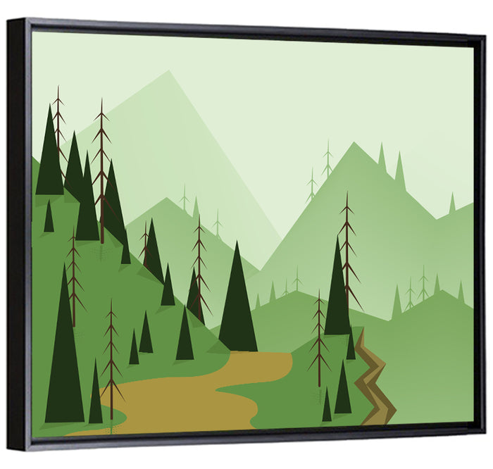 Green Foggy Hills Illustration Wall Art as a framed canvas