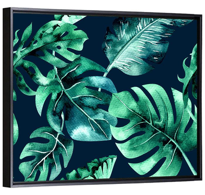 Tropical Watercolor Leaf Pattern Wall Art as a framed canvas