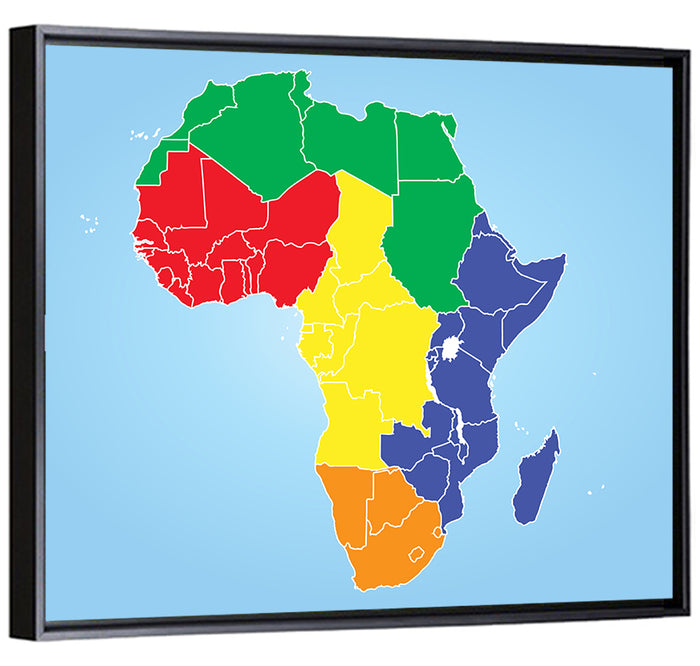 Color Coded Africa Map Wall Art as a framed canvas