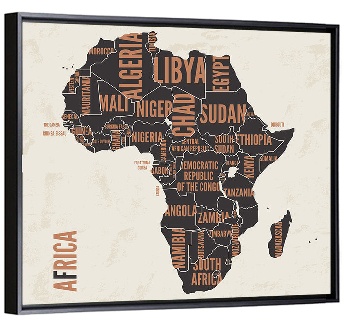 Typographic Africa Map with Country Names Wall Art as a framed canvas