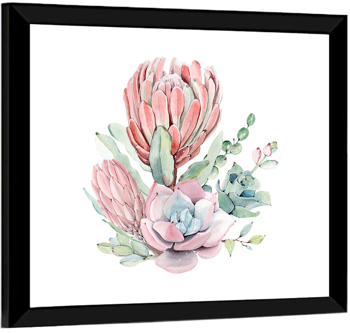Pink Protea Succulent Bouquet Wall Art as a framed print