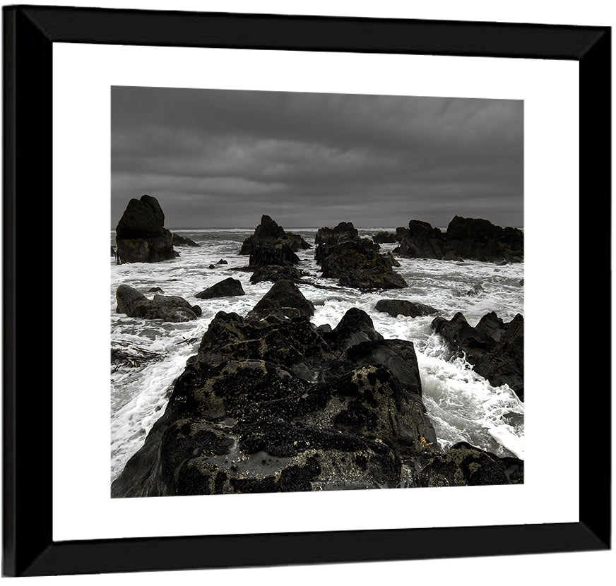 Moody Black and White Rocky Coast Waves Wall Art