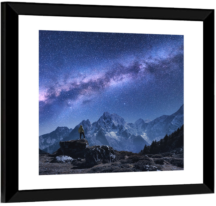 Milky Way Over Snow Capped Peaks Wall Art as a framed print