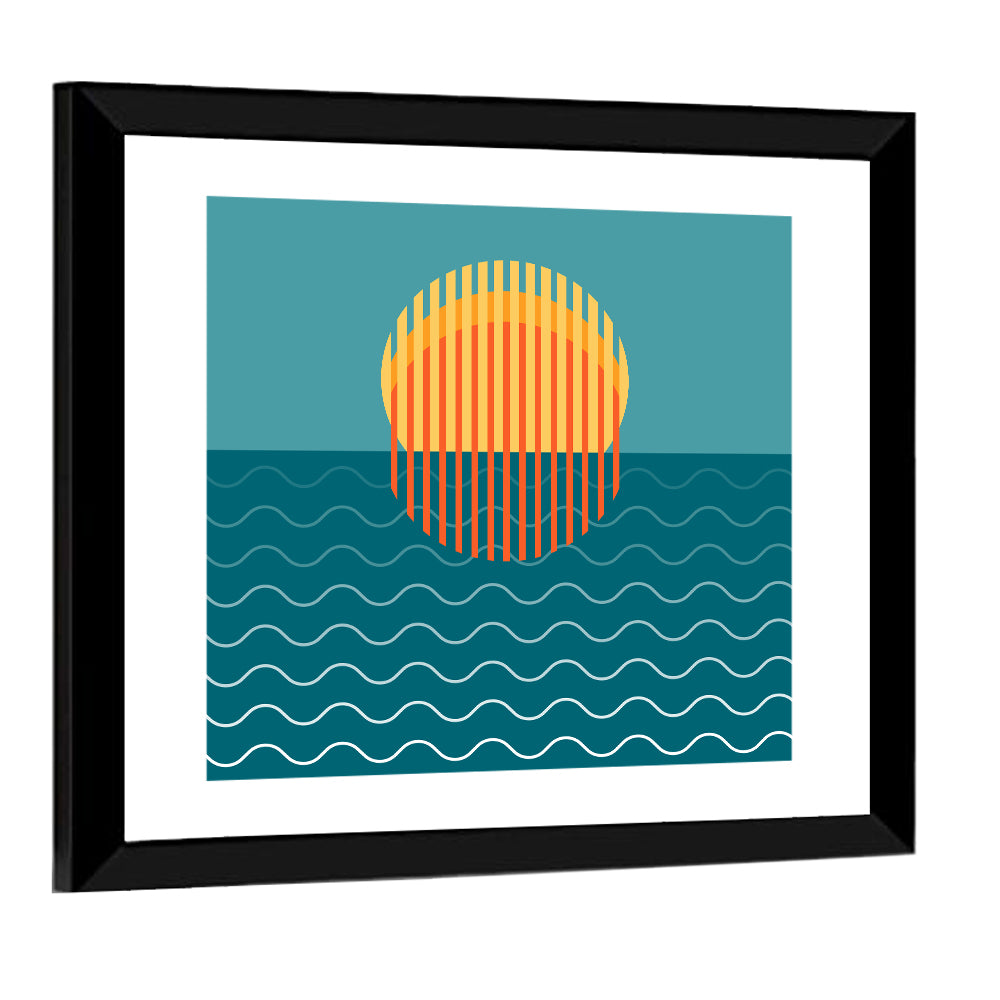 Teal Ocean Sunset Illustration Wall Art