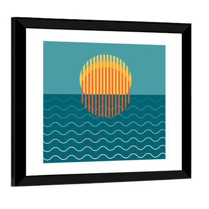 Teal Ocean Sunset Illustration Wall Art