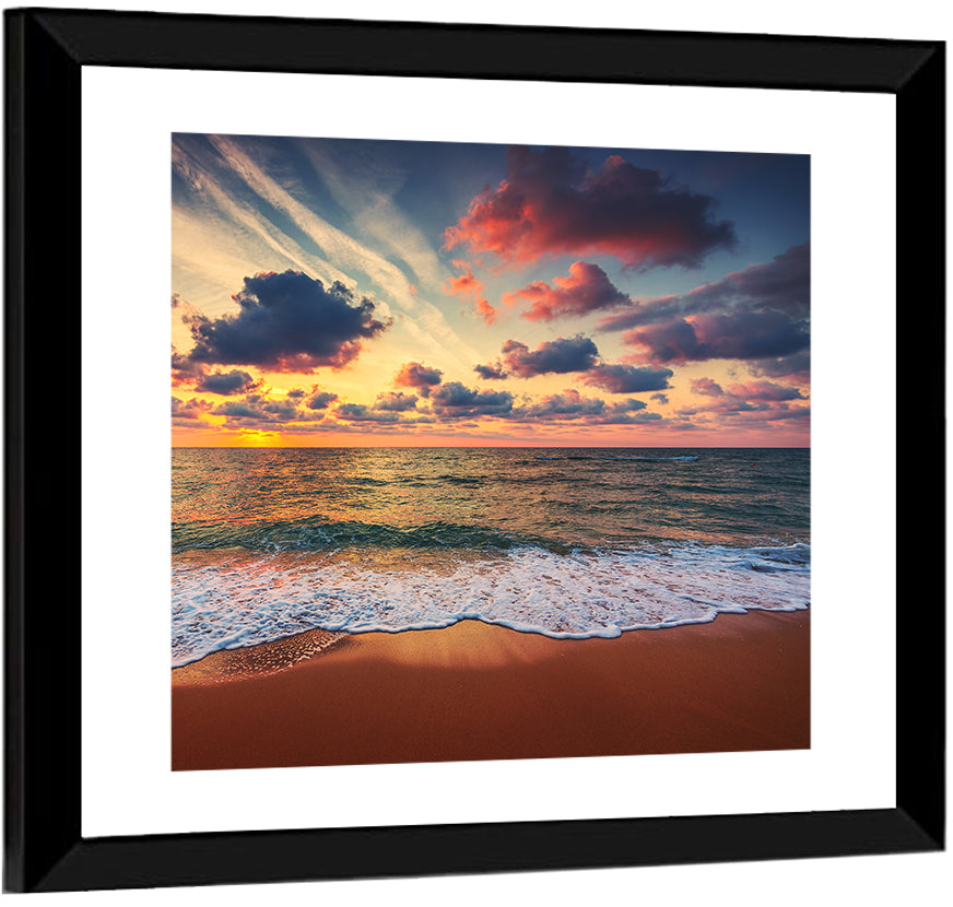 Golden Hour Beach Waves Under Cloudy Sky Wall Art