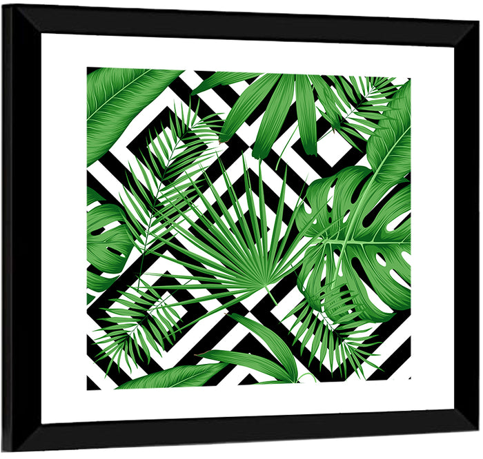 Tropical Geometric Leaves Pattern Wall Art as a framed print