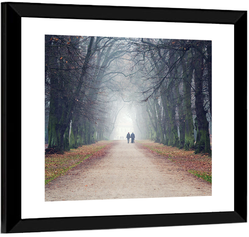 Foggy Tree Lined Walkway in Autumn Wall Art