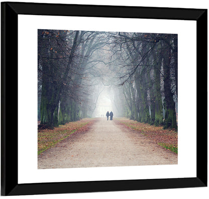Foggy Tree Lined Walkway in Autumn Wall Art