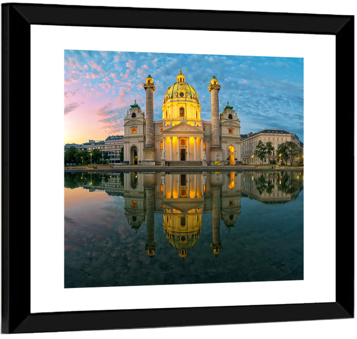Karlskirche Golden Hour Reflection Wall Art as a framed print