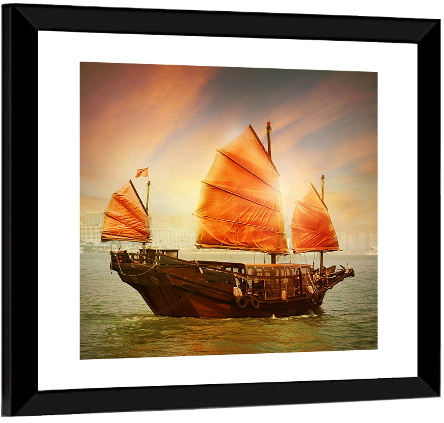 Red Sailed Junk at Victoria Harbour Wall Art