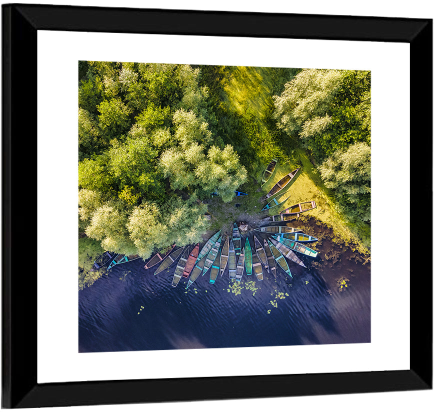 Cluster of Boats Along Forest Shore Wall Art