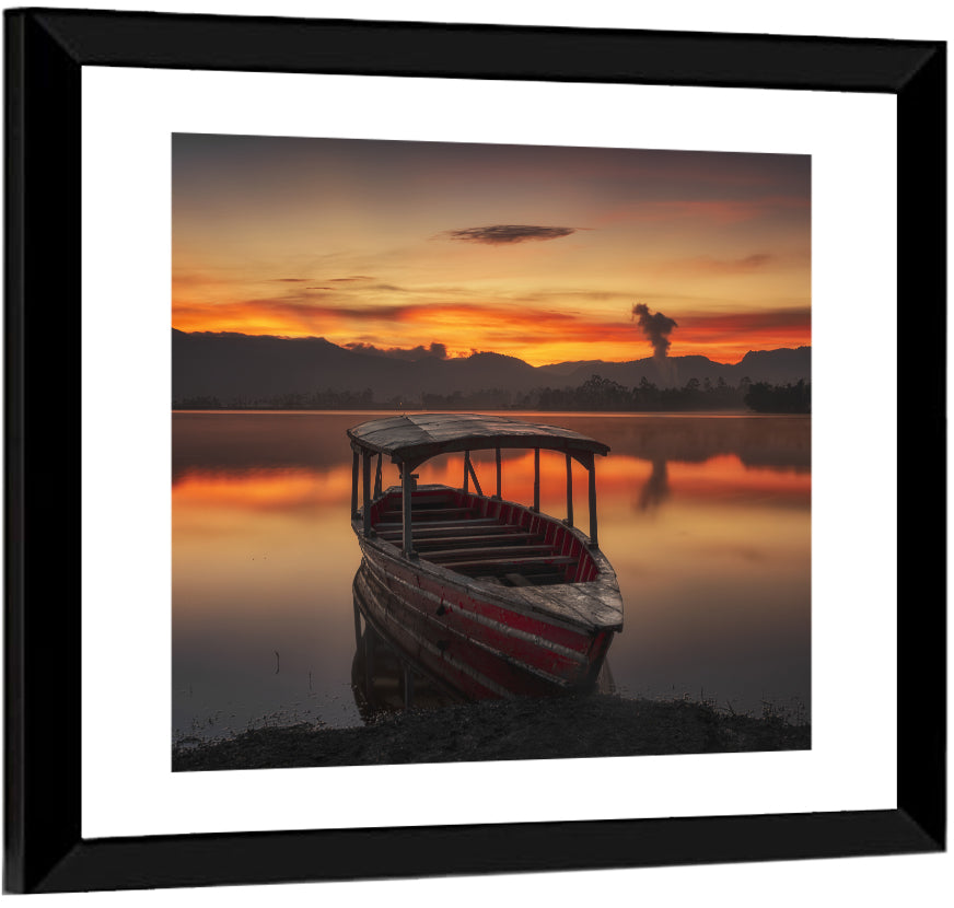 Sunset Fishing Boat on Calm Lake Wall Art