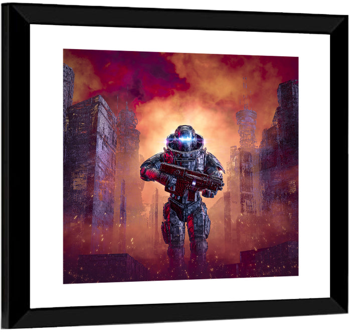 Glowing Visor Cyberpunk Soldier Wall Art as a framed print