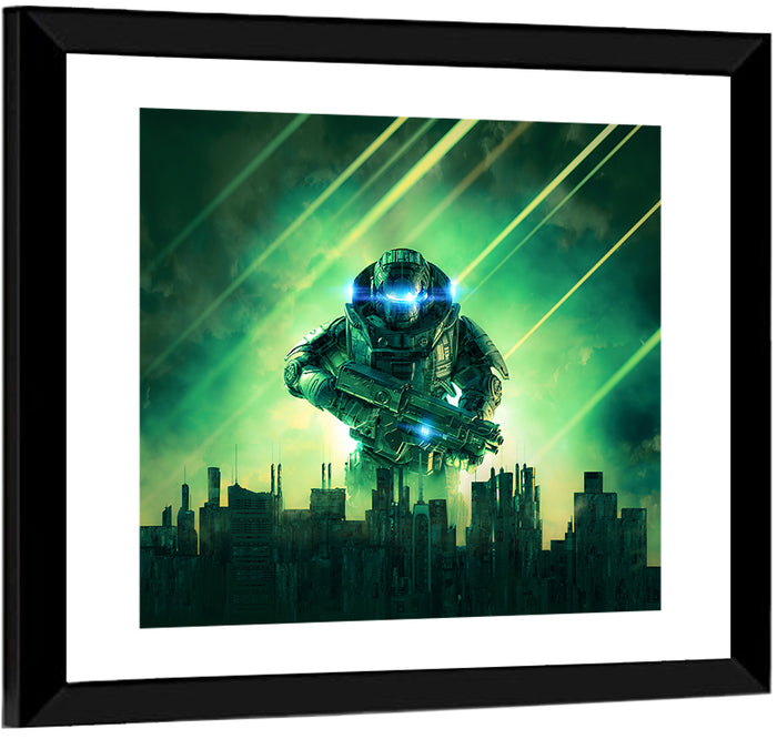 Towering Sci Fi Warrior Wall Art as a framed print