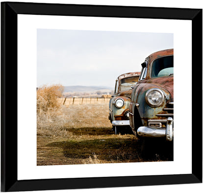 Abandoned Rusty Vintage Cars Behind Barbed Wire Wall Art