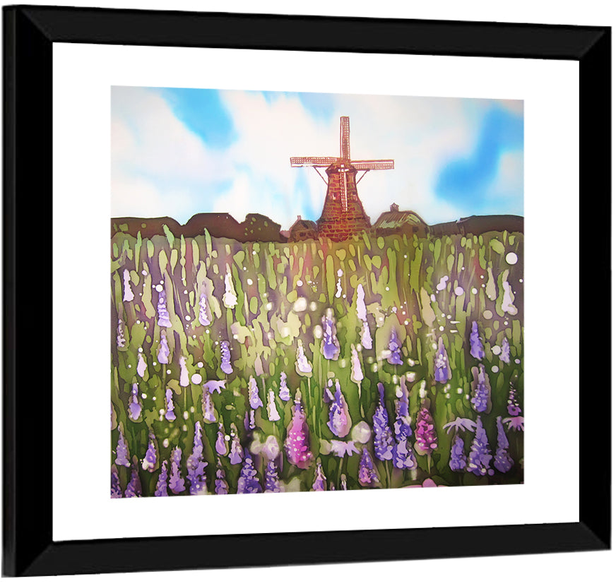 Ink Wash Windmill in Blooming Field Wall Art