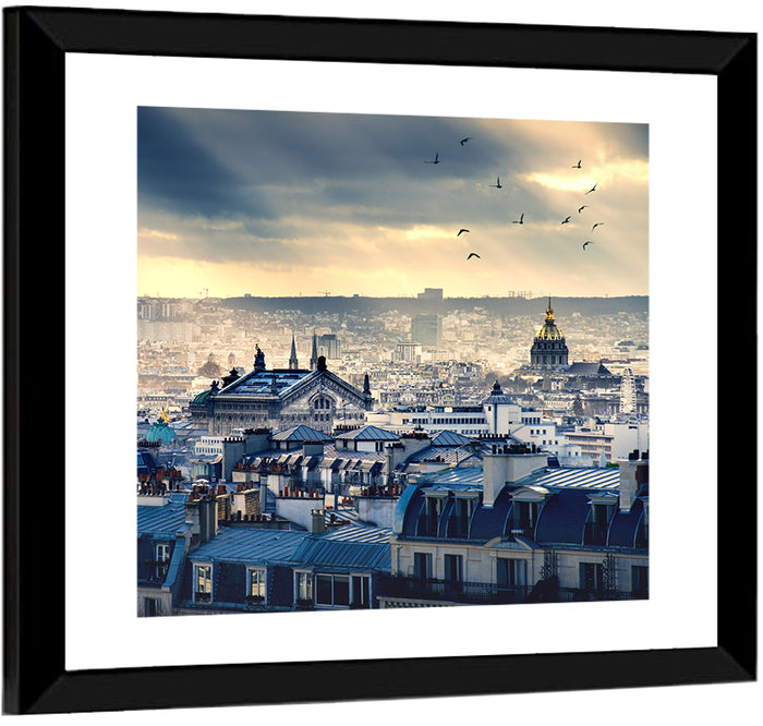 Paris Rooftops Under Dramatic Clouds Wall Art as a framed print
