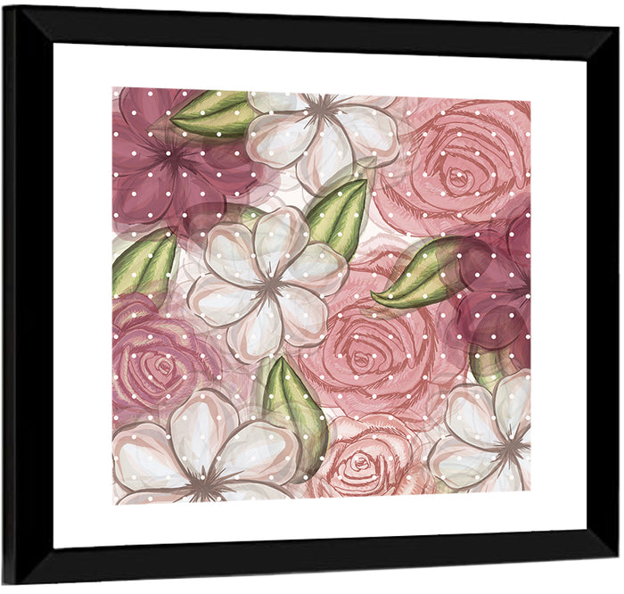 Vintage Floral Pattern with Polka Dots Wall Art as a framed print