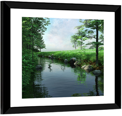 Tranquil Meadow Stream with Wildflowers Wall Art
