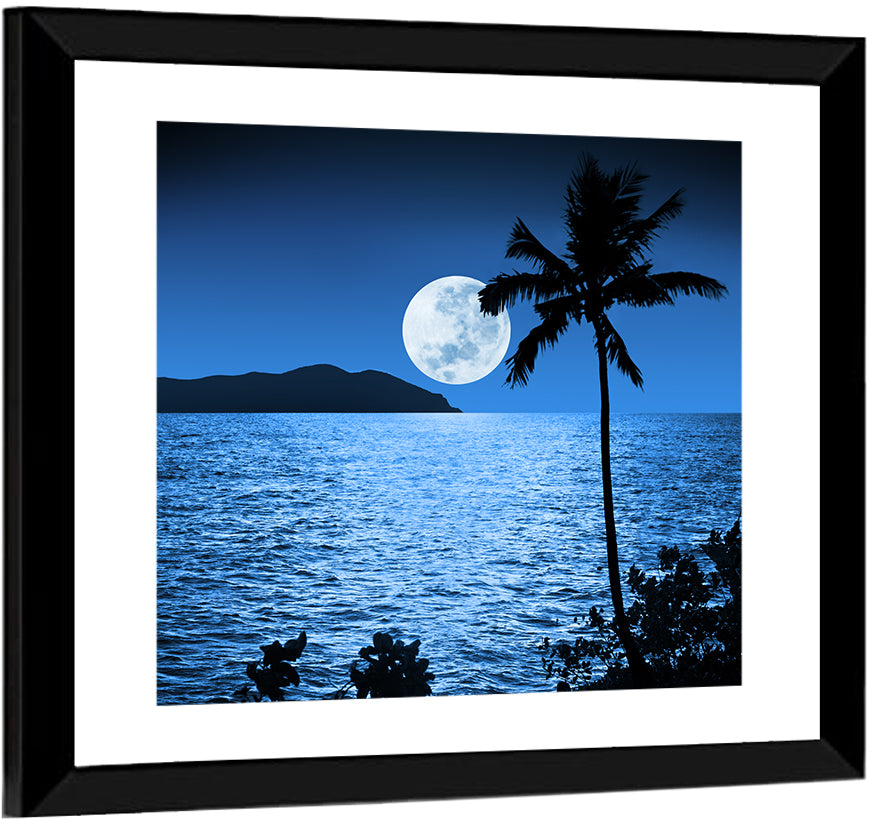 Moonlit Tropical Shore Silhouette Wall Art