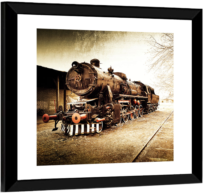 Sepia Steam Locomotive on Rusted Tracks Wall Art