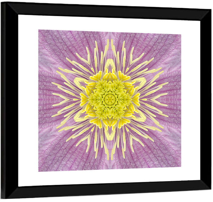 Kaleidoscopic Floral Mandala in Purple and Yellow Wall Art as a framed print