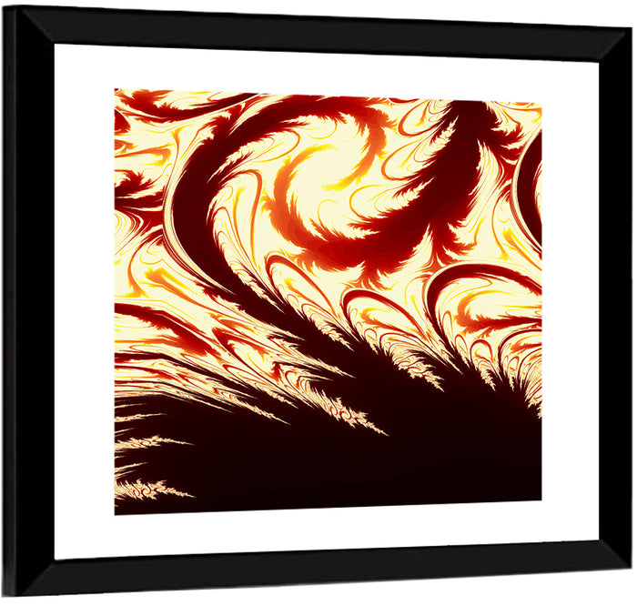 Flying Feathers in Flame Wall Art as a framed print