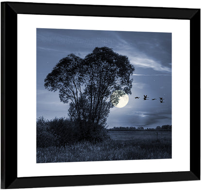 Moonlit Birds Over Quiet Field Wall Art