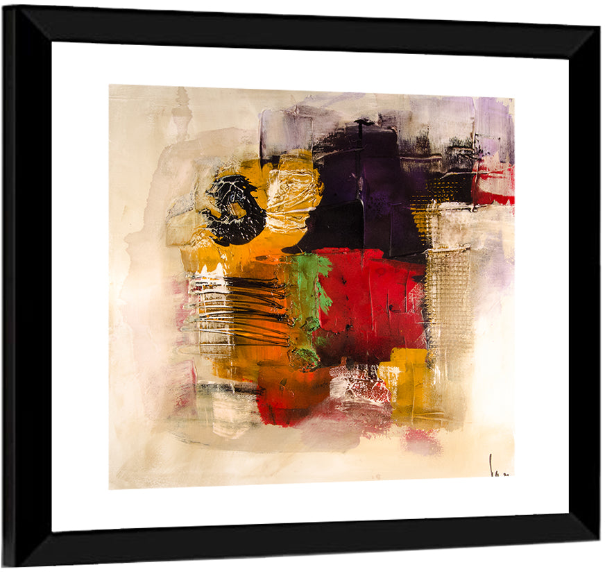 Bold Color Block Abstract with Black Circle Wall Art