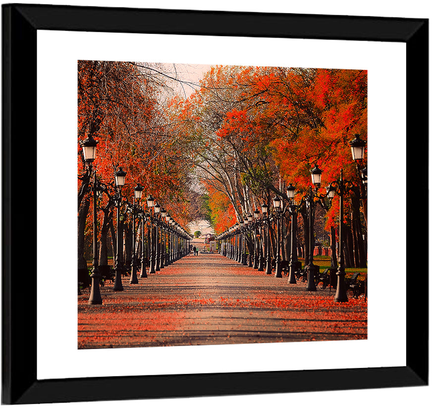 Autumn Park Path with Vintage Lampposts Wall Art