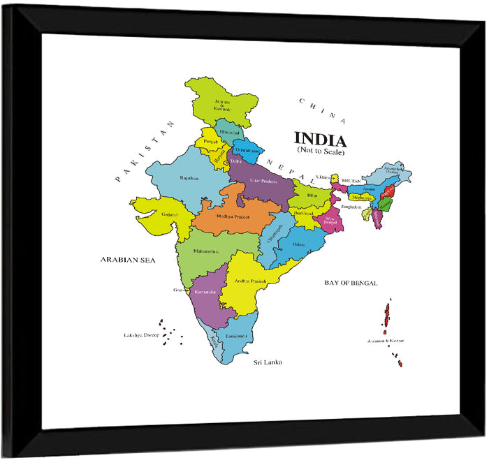 Colorful Political Map of India Wall Art as a framed print
