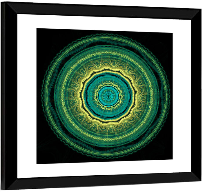 Hypnotic Teal Glow Mandala Wall Art as a framed print