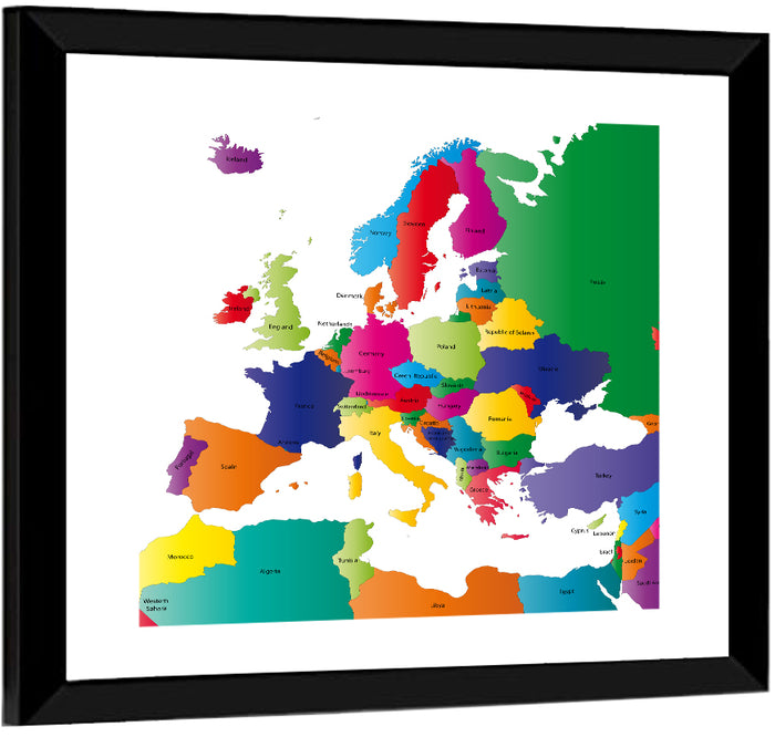 Modern Coloured Map of Europe Wall Art as a framed print
