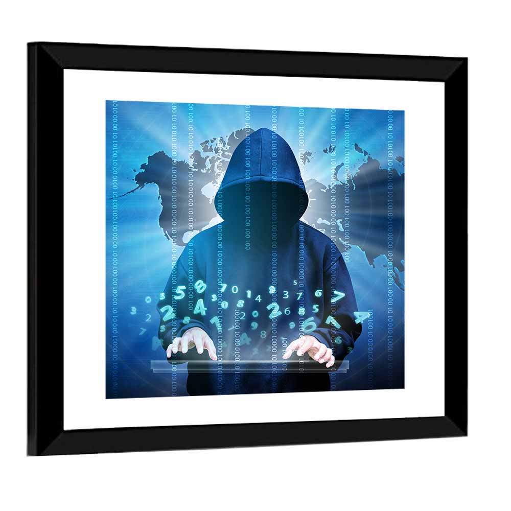 Hooded Hacker with Binary Map Wall Art