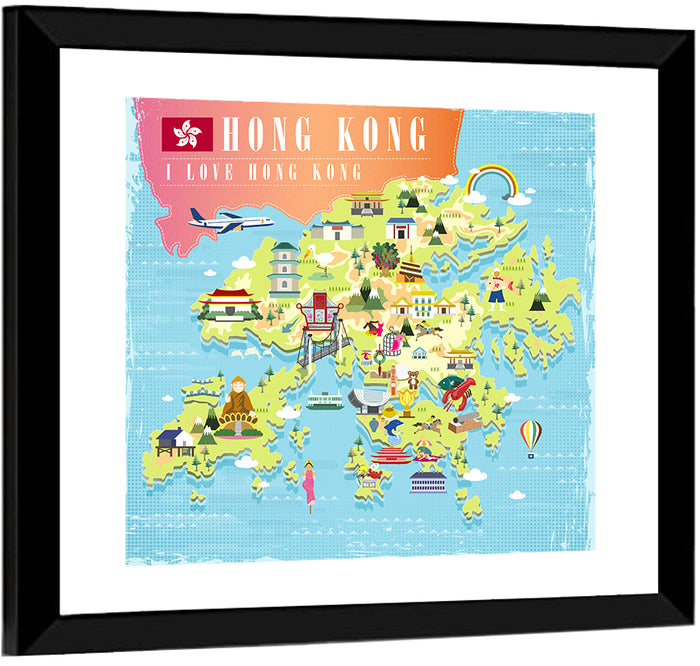 I Love Hong Kong Illustrated Cultural Map Wall Art as a framed print