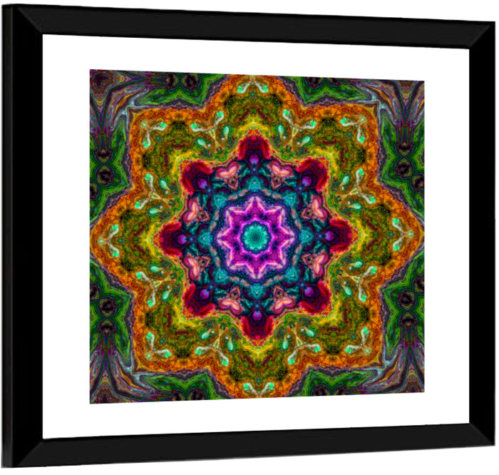 Vibrant Kaleidoscopic Mandala Ornament Wall Art as a framed print