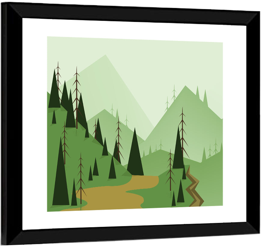 Green Foggy Hills Illustration Wall Art