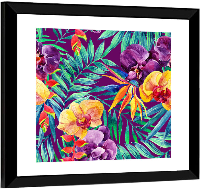 Tropical Orchid and Palm Pattern Wall Art as a framed print