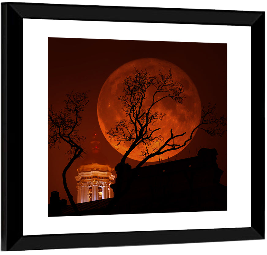 Haunted Supermoon Over Church Spire Wall Art