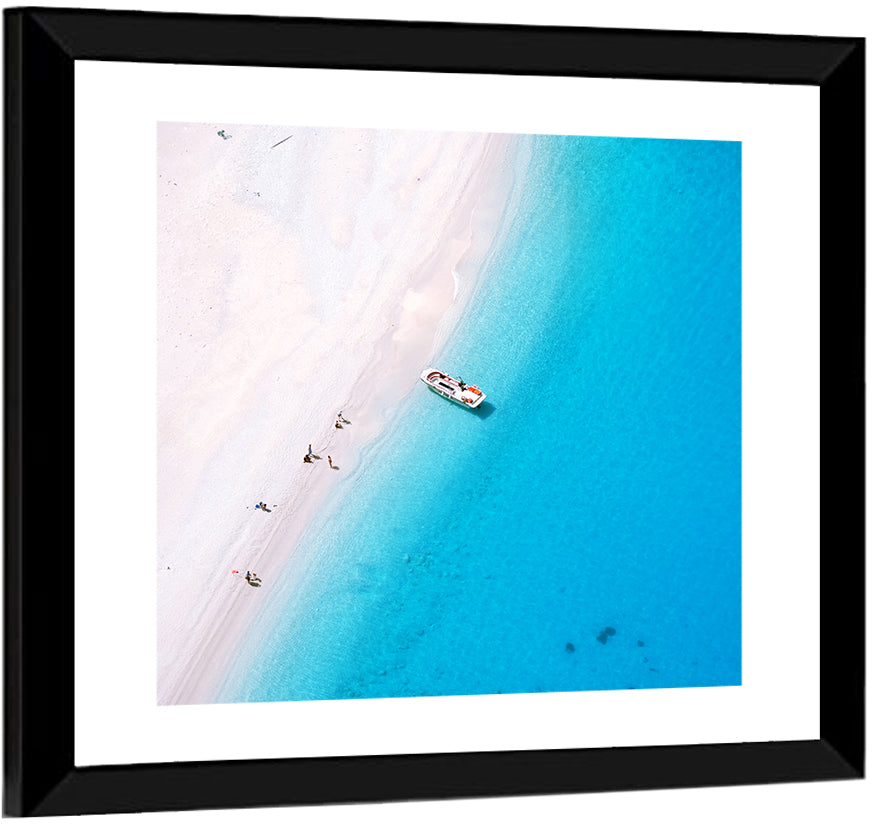 Aerial Beach Bay with White Boat Wall Art
